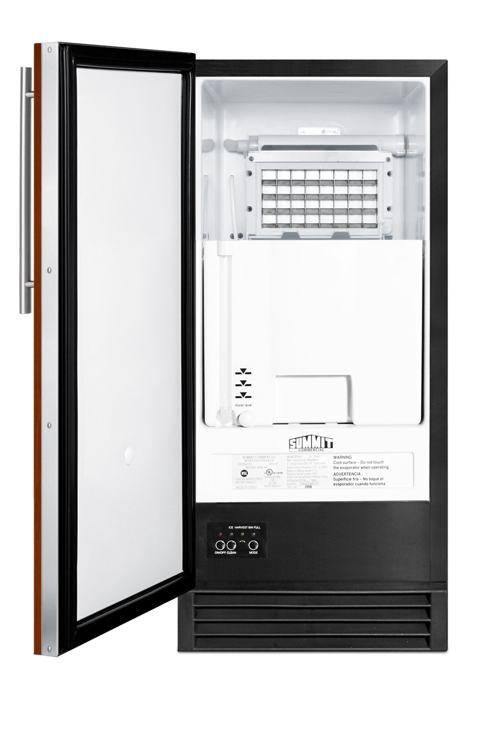 Built-in NSF-listed automatic defrost clear icemaker with internal pump and integrated door frame to accept full overlay panels